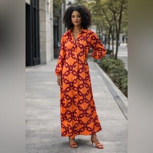 Vibrant Orange and Red Patterned Maxi Dress